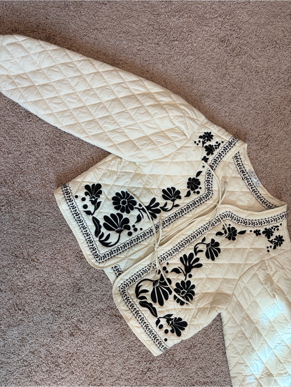HYFVE Cream Quilted Bomber Jacket with Black Floral Embroidery